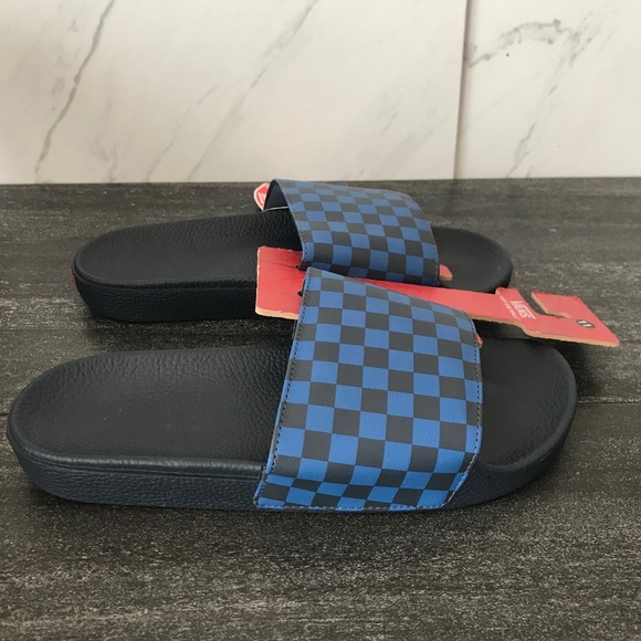 NEW Vans Checkered Black Blue Slides Sandals - Picture 2 of 5